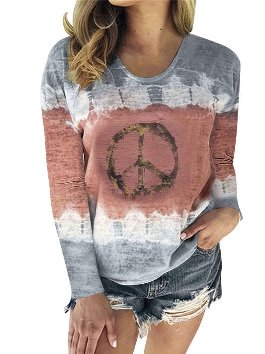 Peace Symbol Print T-shirt, Casual Crew Neck Long Sleeve T-shirt For Spring & Fall, Women's Clothing